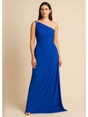 ralph lauren one shoulder cape dress LAUREN RALPH LAUREN Satin One-Shoulder Cape Gown